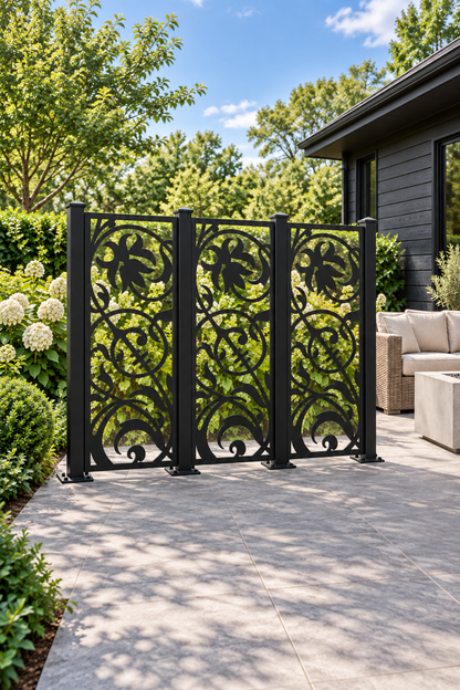 Design 412 Bird Blossom Curl Laser Cut Metal Privacy Screen Panel oblique angle view