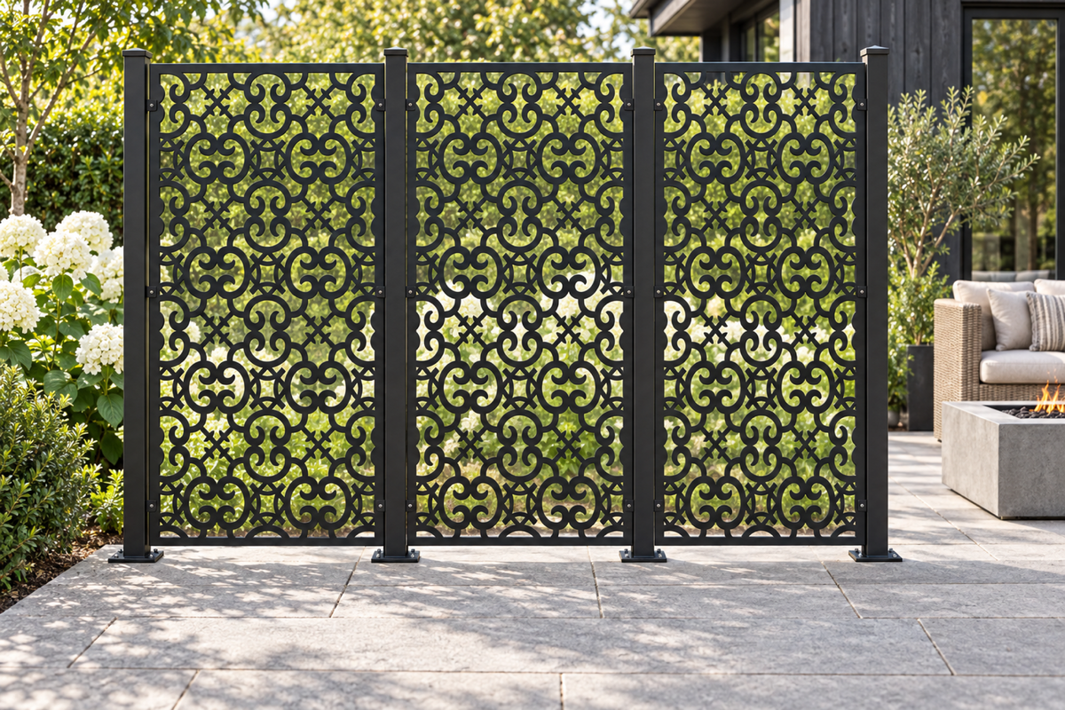 Design 413 Cloud Trellis Grid Laser Cut Metal Privacy Screen Panel installed garden daylight view