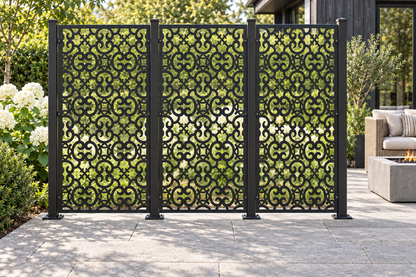 Design 413 Cloud Trellis Grid Laser Cut Metal Privacy Screen Panel installed garden daylight view