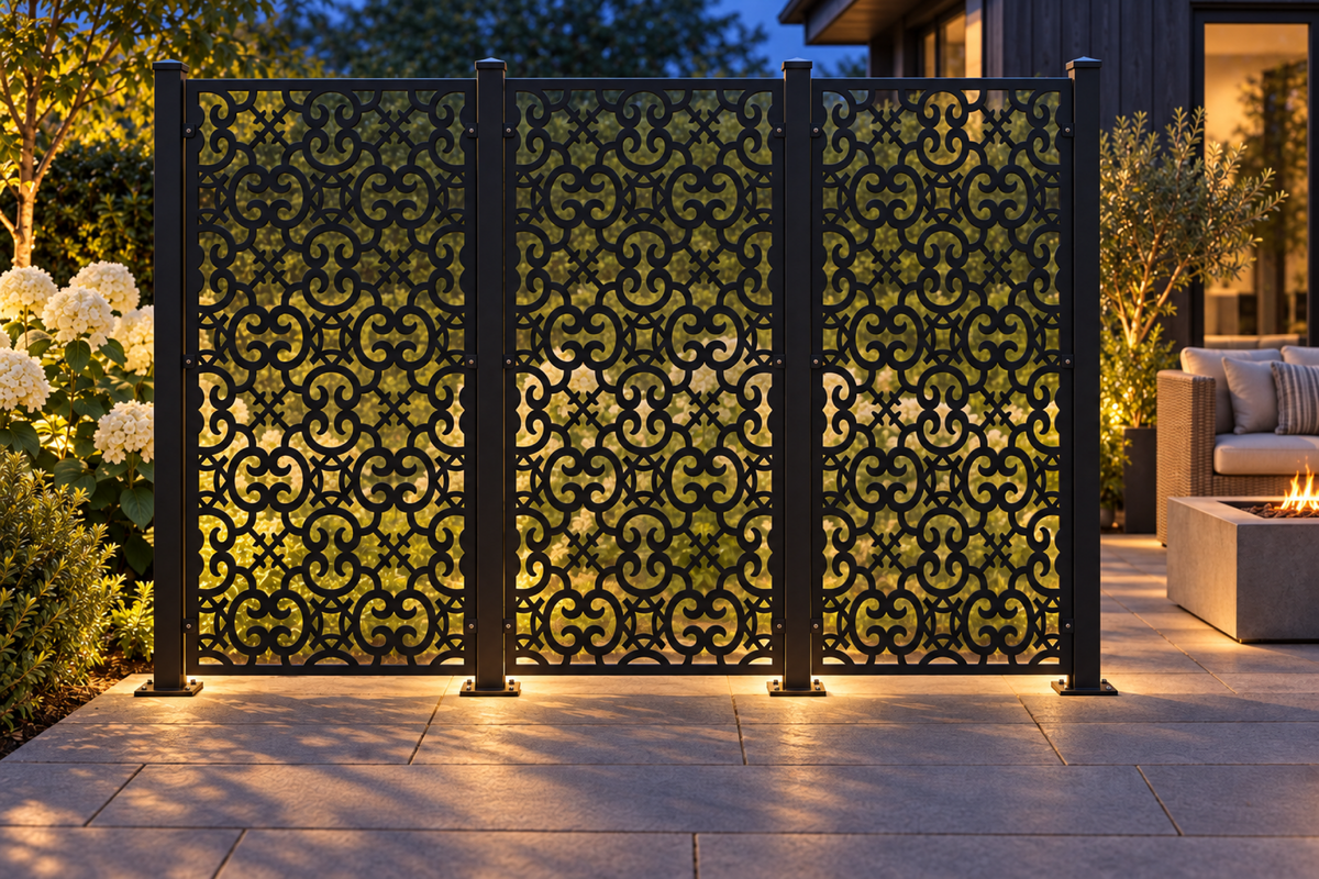 Design 413 Cloud Trellis Grid Laser Cut Metal Privacy Screen Panel installed garden night lighting view