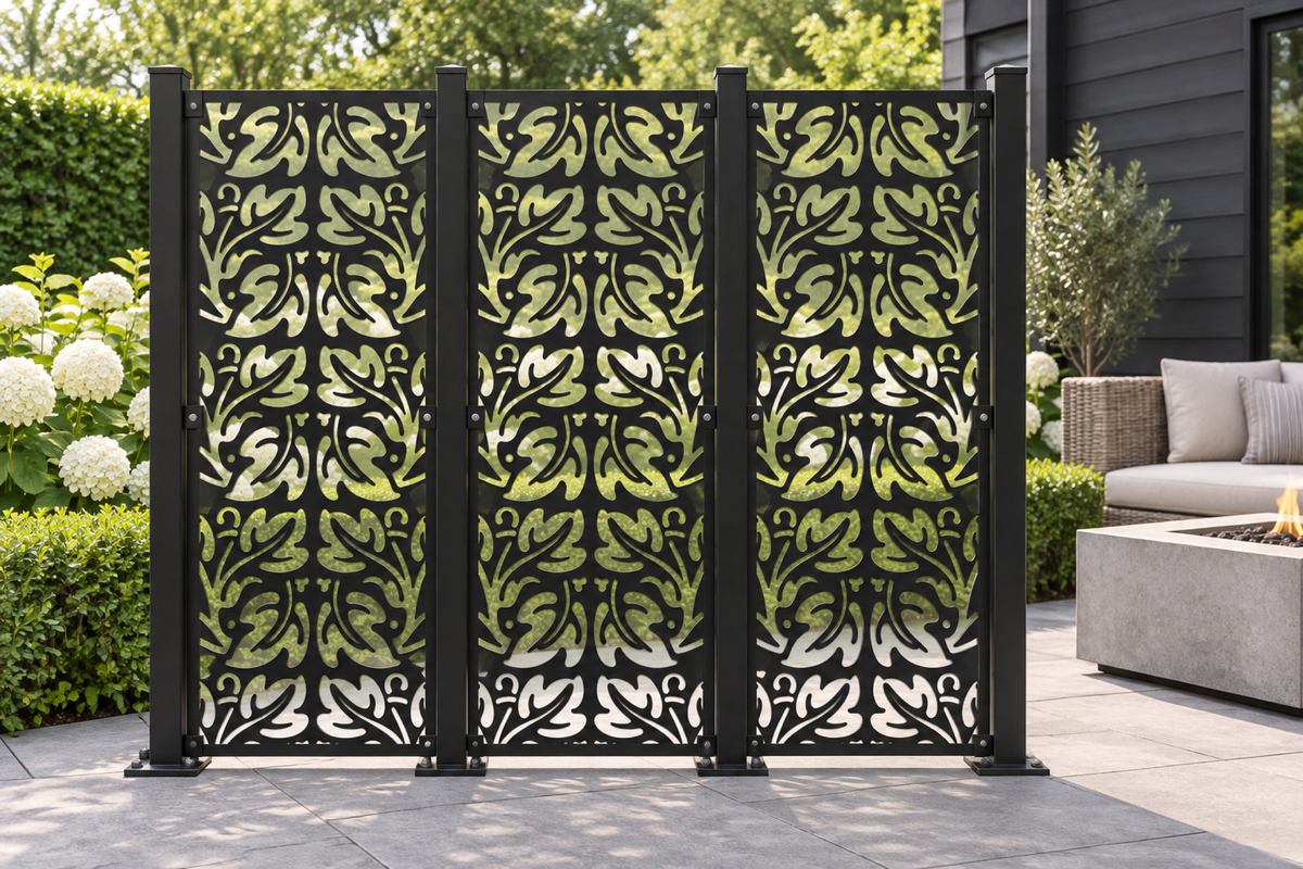 Design 414 Maple Leaf Repeat Laser Cut Metal Privacy Screen Panel installed garden daylight view