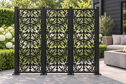 Design 414 Maple Leaf Repeat Laser Cut Metal Privacy Screen Panel installed garden daylight view