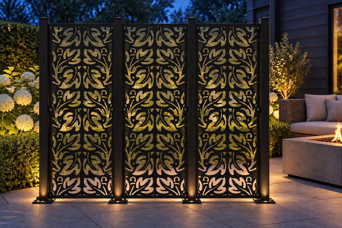 Design 414 Maple Leaf Repeat Laser Cut Metal Privacy Screen Panel installed garden night lighting view