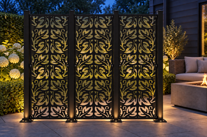 Design 414 Maple Leaf Repeat Laser Cut Metal Privacy Screen Panel installed garden night lighting view