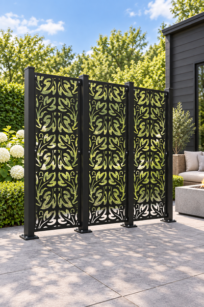 Design 414 Maple Leaf Repeat Laser Cut Metal Privacy Screen Panel oblique angle view