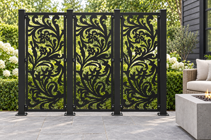 Design 415 Phoenix Floral Scroll Laser Cut Metal Privacy Screen Panel installed garden daylight view