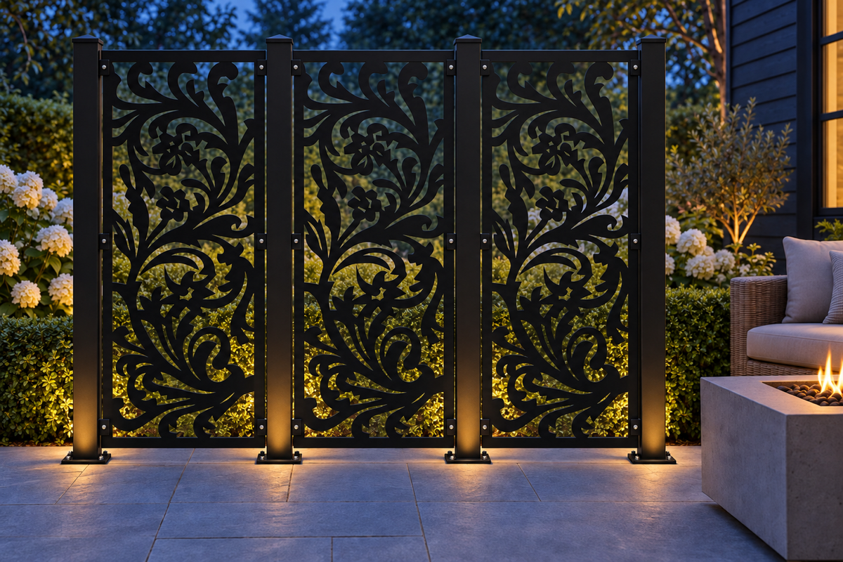 Design 415 Phoenix Floral Scroll Laser Cut Metal Privacy Screen Panel installed garden night lighting view