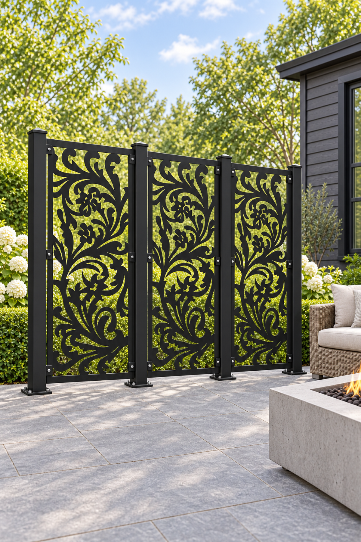 Design 415 Phoenix Floral Scroll Laser Cut Metal Privacy Screen Panel oblique angle view