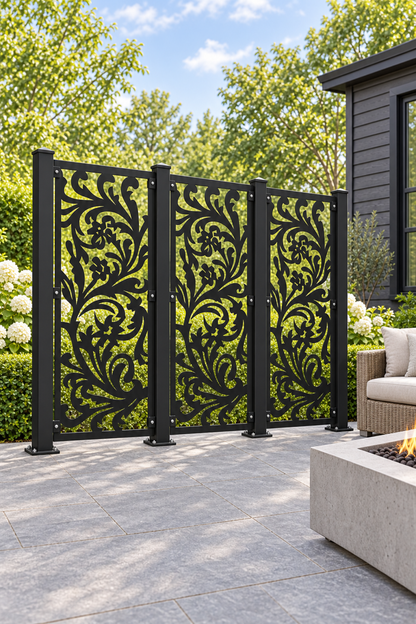 Design 415 Phoenix Floral Scroll Laser Cut Metal Privacy Screen Panel oblique angle view