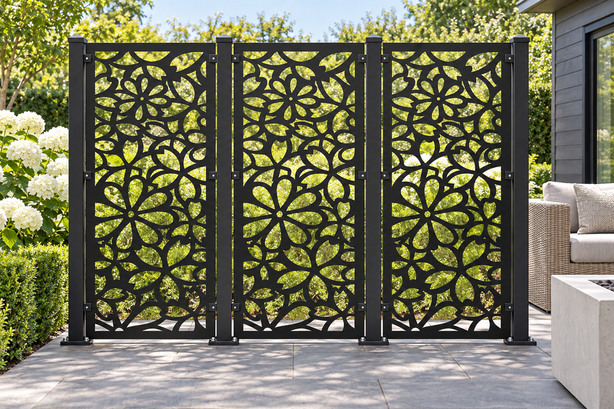 Design 416 Daisy Bloom Lattice Laser Cut Metal Privacy Screen Panel installed garden daylight view
