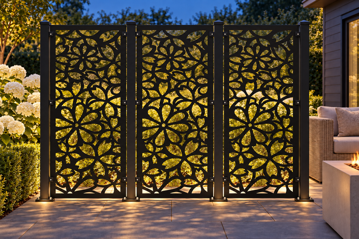 Design 416 Daisy Bloom Lattice Laser Cut Metal Privacy Screen Panel installed garden night lighting view