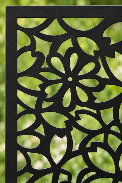 Design 416 Daisy Bloom Lattice Laser Cut Metal Privacy Screen Panel close-up detail view