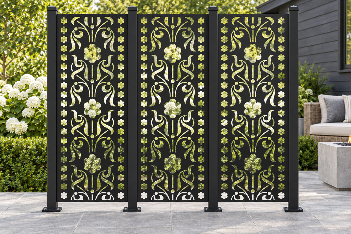 Design 417 Deco Flower Ribbon Laser Cut Metal Privacy Screen Panel installed garden daylight view