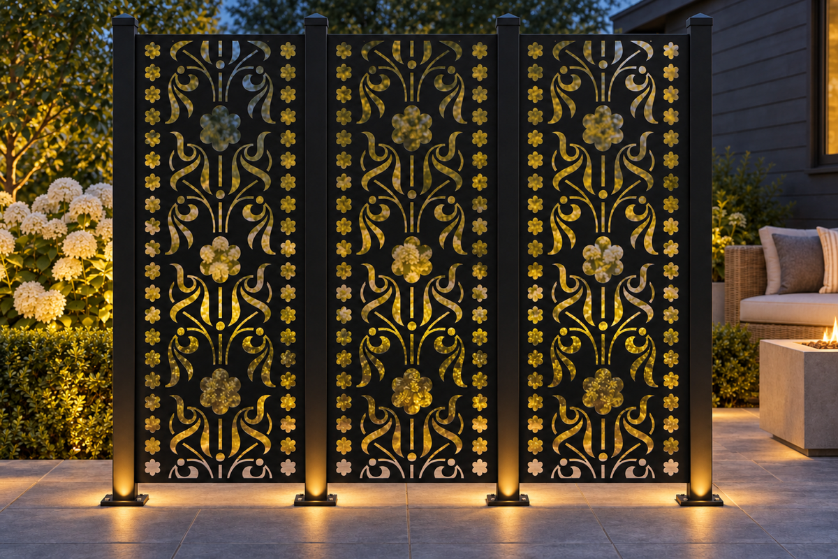 Design 417 Deco Flower Ribbon Laser Cut Metal Privacy Screen Panel installed garden night lighting view