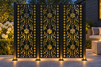 Design 417 Deco Flower Ribbon Laser Cut Metal Privacy Screen Panel installed garden night lighting view