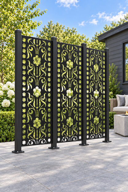 Design 417 Deco Flower Ribbon Laser Cut Metal Privacy Screen Panel oblique angle view