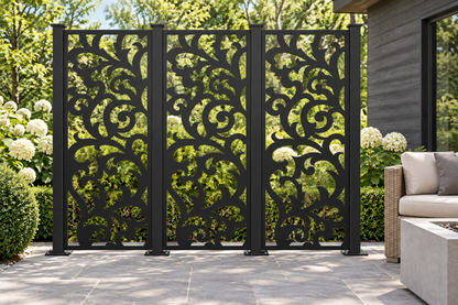 Design 418 Large Acanthus Column Laser Cut Metal Privacy Screen Panel installed garden daylight view