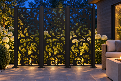 Design 418 Large Acanthus Column Laser Cut Metal Privacy Screen Panel installed garden night lighting view