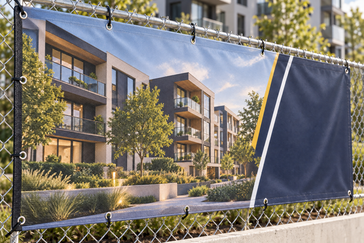 Illustrative real estate development banner with fine mesh texture and silver eyelets