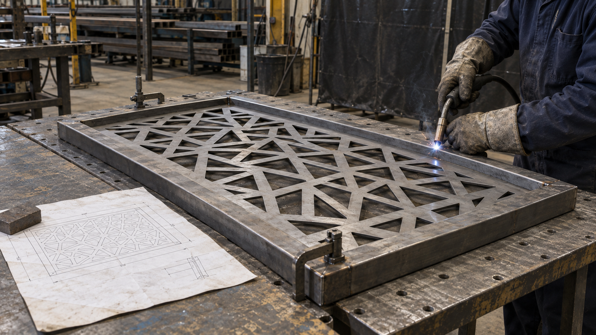 AI-generated illustration of a fabricator welding a laser-cut decorative steel screen to its frame, with a fabrication drawing beside the workpiece; no face shown.