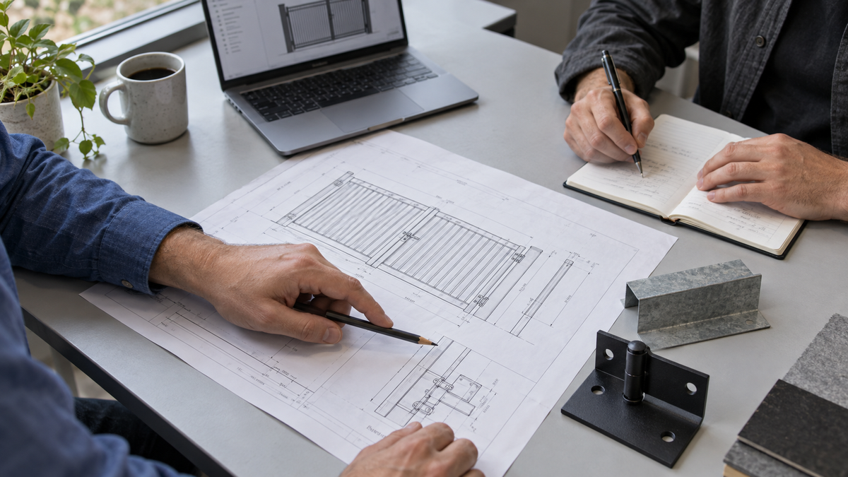 AI-generated illustration of hands reviewing metal gate drawings, taking project notes, and checking metal samples; no faces shown.