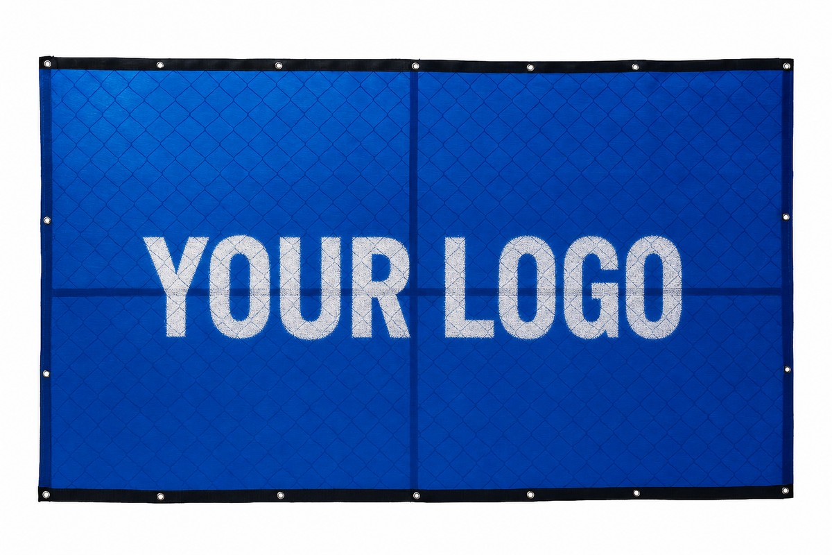blue temporary fence windscreen with white YOUR LOGO print mockup