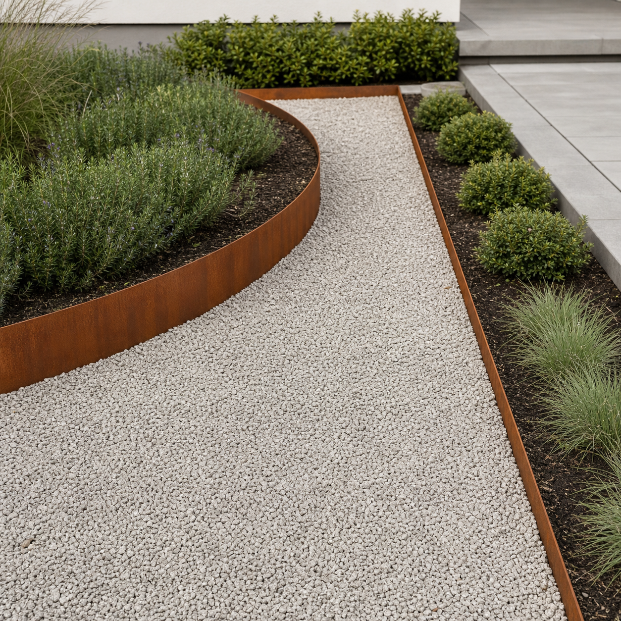 Flat metal garden edging showing curved and straight landscape runs