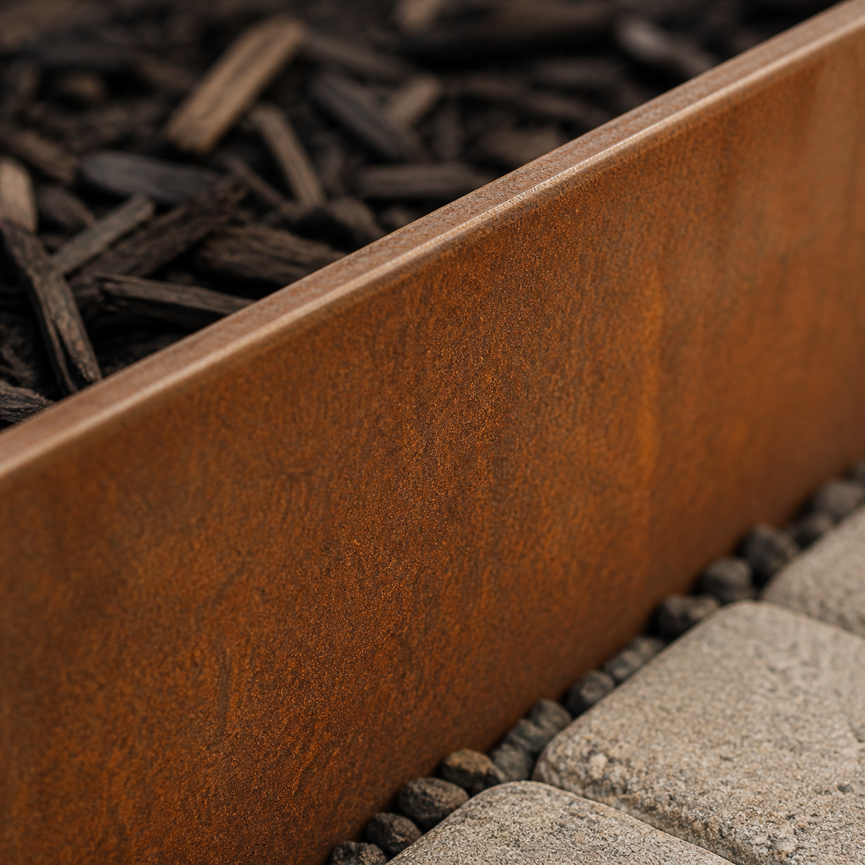 Close-up detail of weathered corten steel garden edging top edge and texture