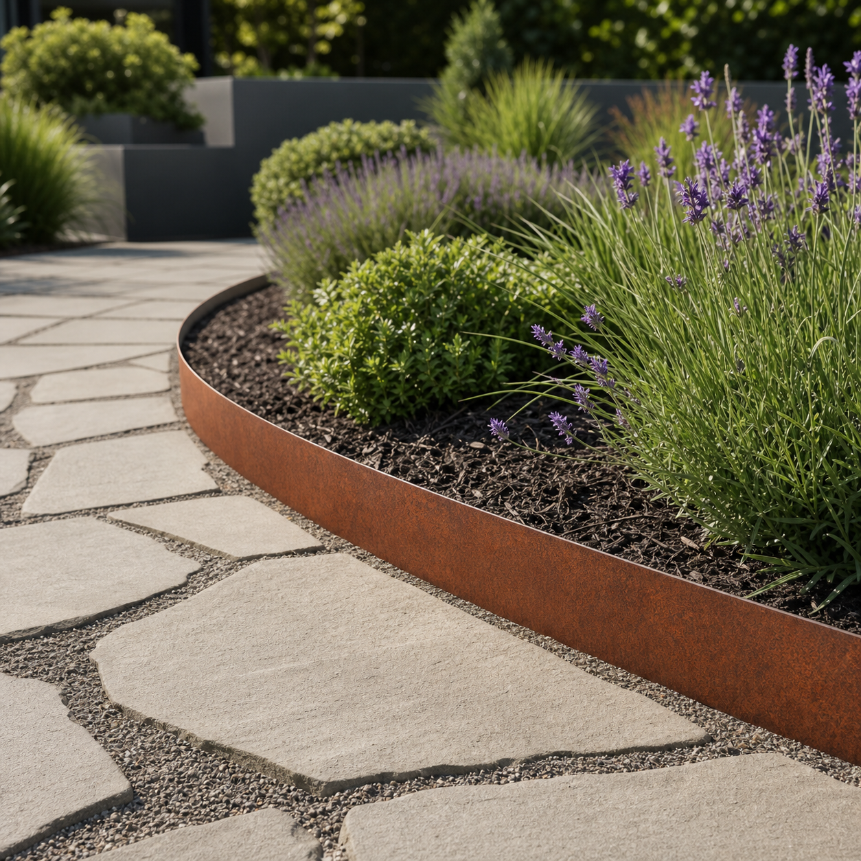 Flat corten metal garden edging installed along stone path and planting bed