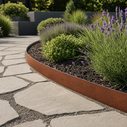 Flat corten metal garden edging installed along stone path and planting bed