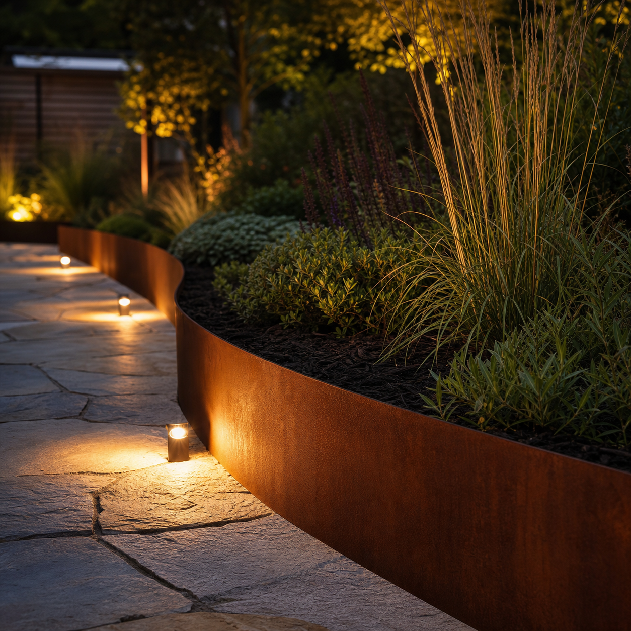 Metal garden edging with warm landscape lighting in modern backyard