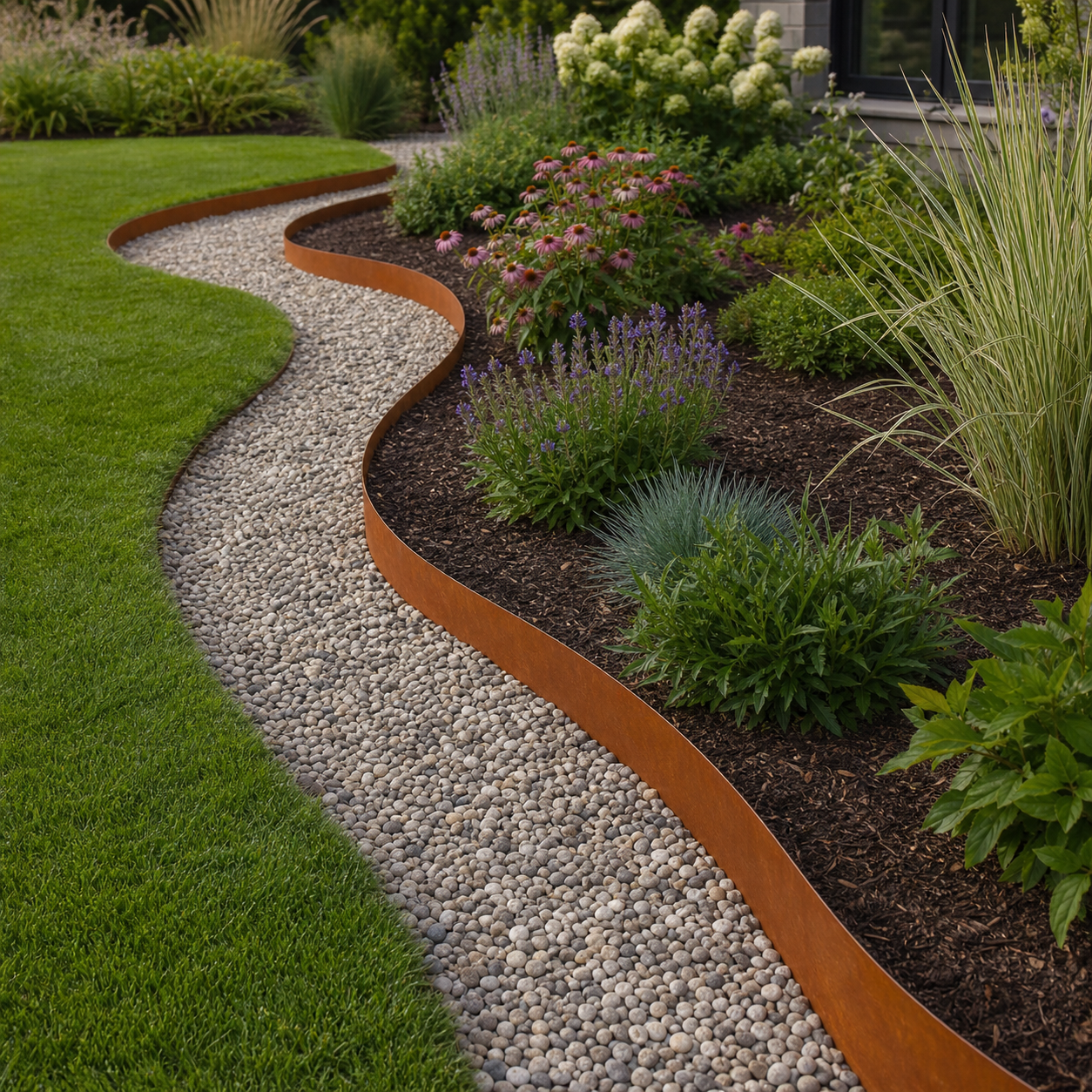 Flexible corten metal landscape edging installed along flowing curved garden borders in daylight
