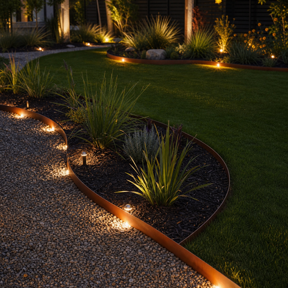 Flexible corten metal landscape edging installed along curved borders with warm night lighting