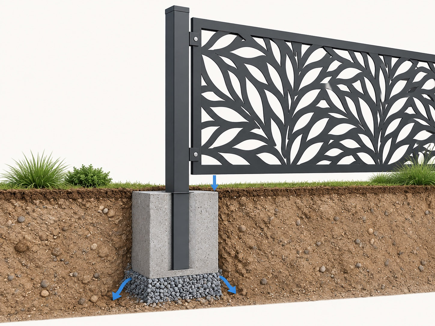 Freestanding privacy screen with posts set into a footing