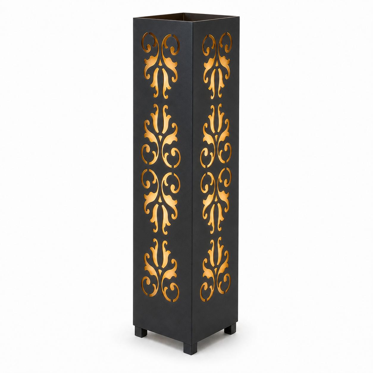 Design 001 black laser cut metal garden light tower with warm LED glow on white background