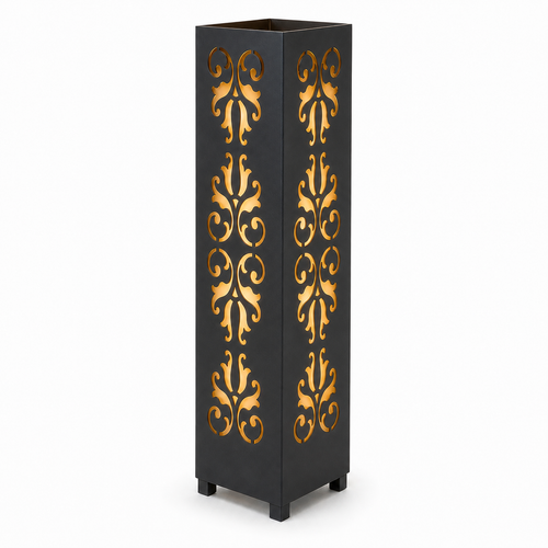 Design 001 black laser cut metal garden light tower with warm LED glow on white background