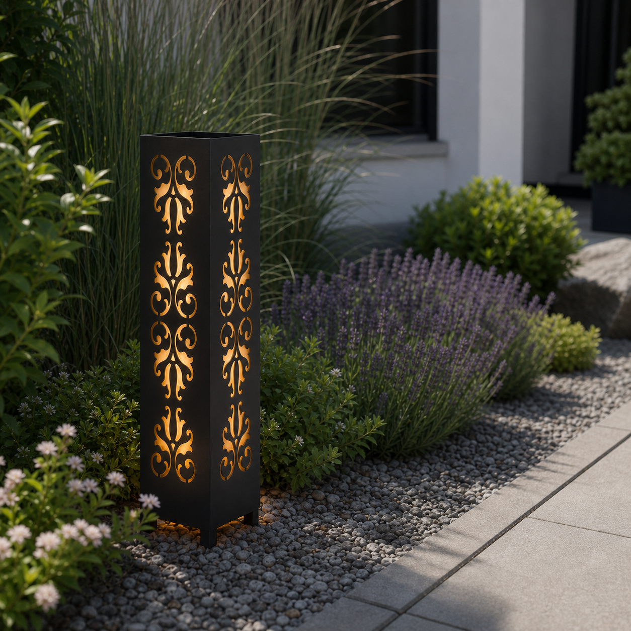 Design 001 laser cut garden light pillar installed in landscaped patio during daytime