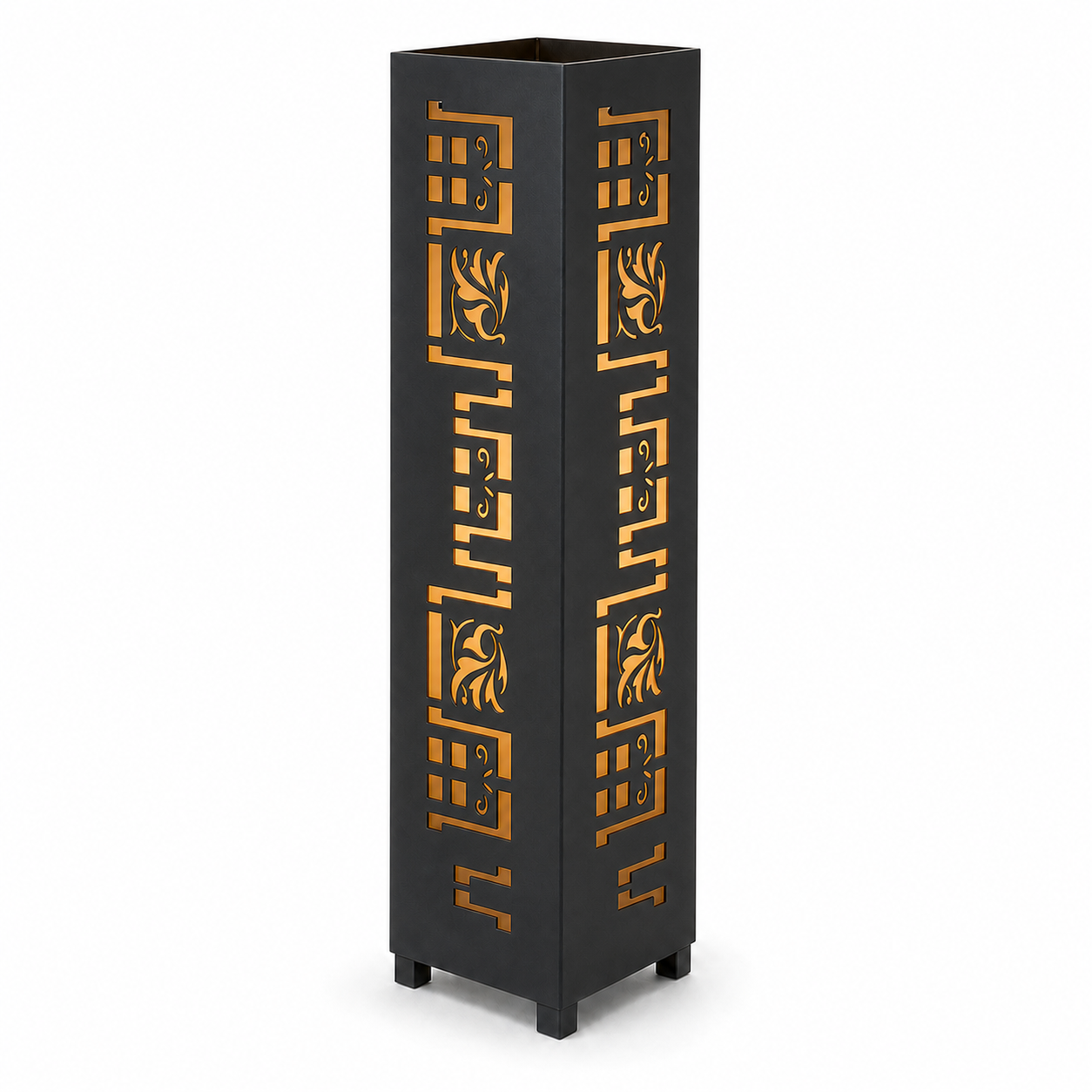 Design 002 black laser cut metal garden light tower with warm LED glow on white background
