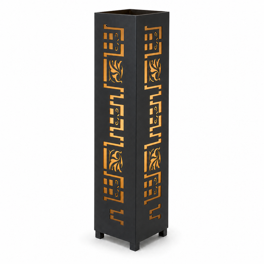 Design 002 black laser cut metal garden light tower with warm LED glow on white background