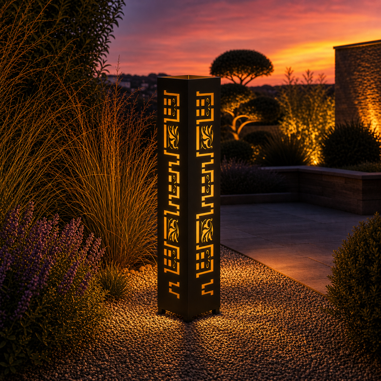 Design 002 outdoor decorative LED light column glowing at dusk in garden setting