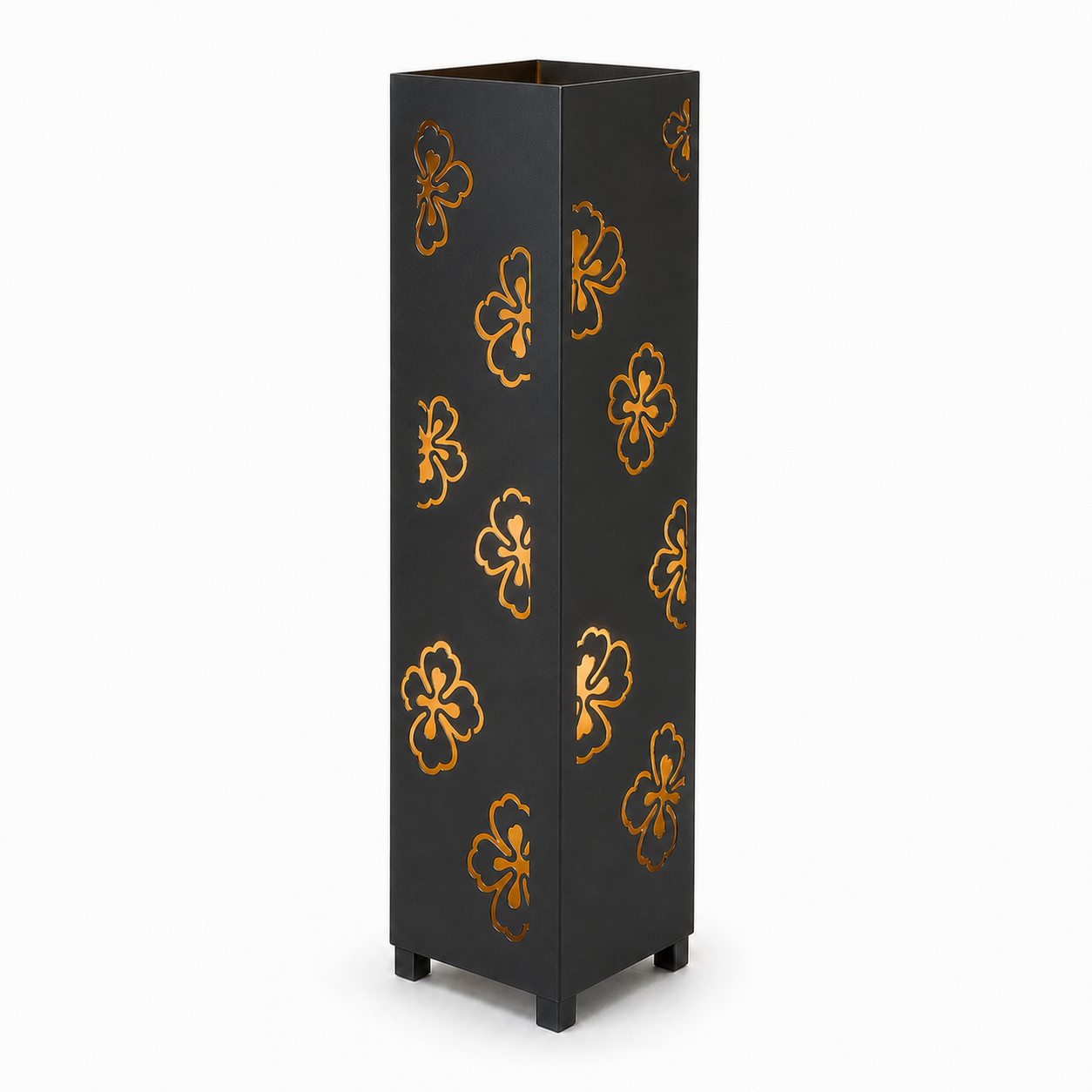 Design 003 black laser cut metal garden light tower with warm LED glow on white background