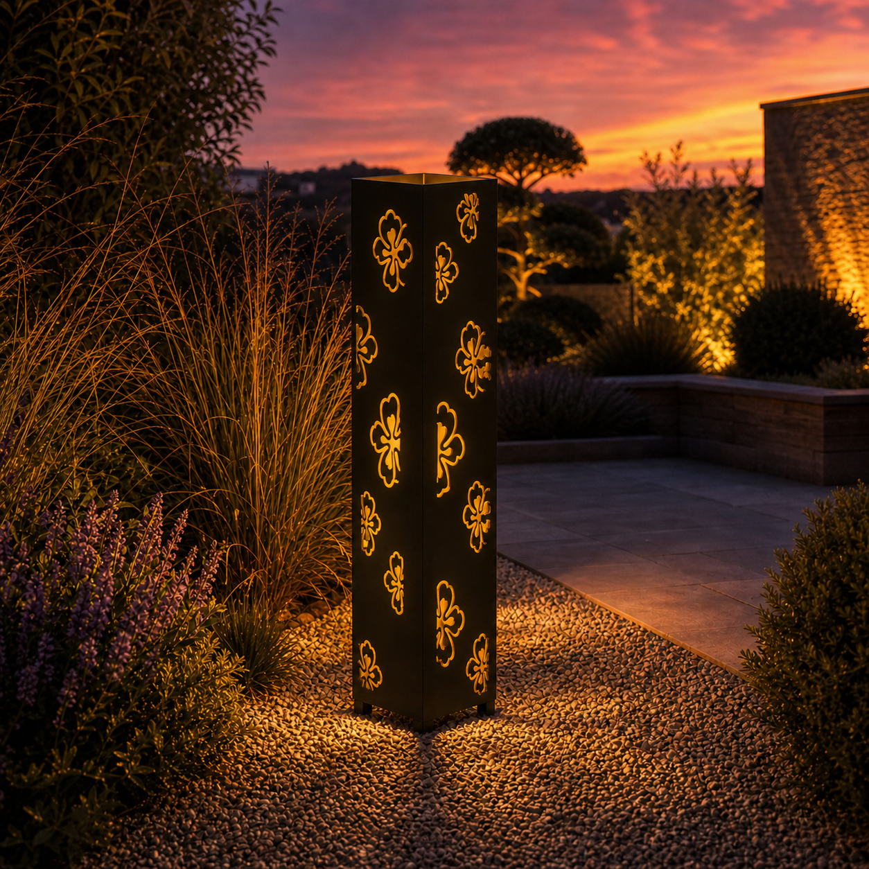 Design 003 outdoor decorative LED light column glowing at dusk in garden setting
