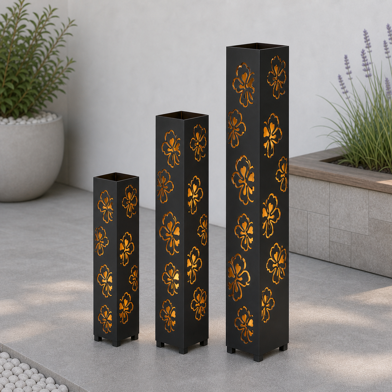 Design 003 laser cut garden light tower three size comparison