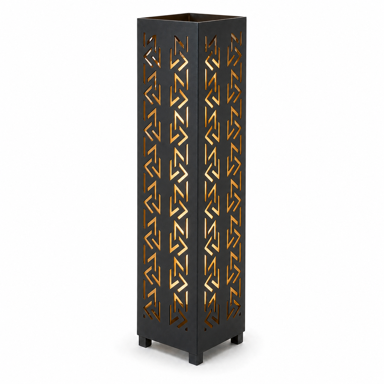 Design 004 black laser cut metal garden light tower with warm LED glow on white background
