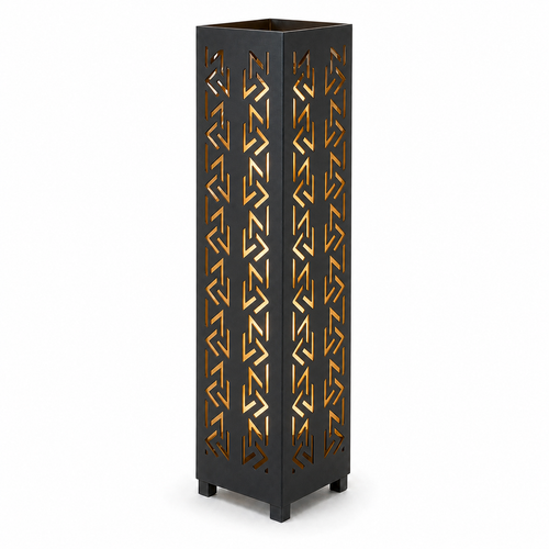 Design 004 black laser cut metal garden light tower with warm LED glow on white background