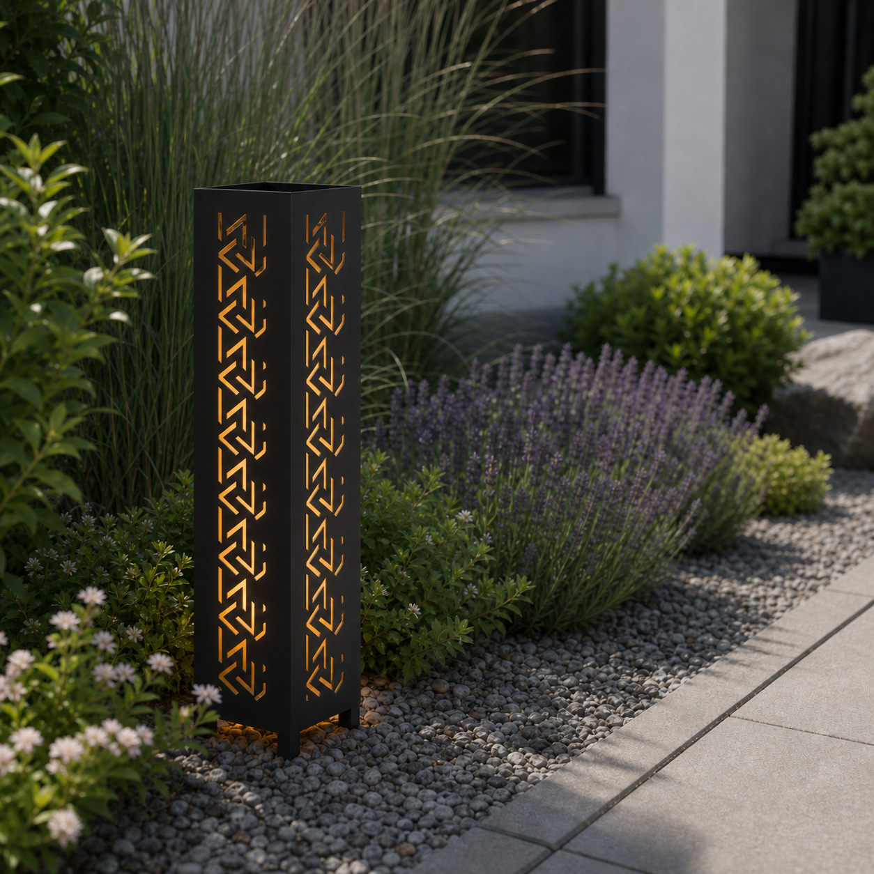 Design 004 laser cut garden light pillar installed in landscaped patio during daytime