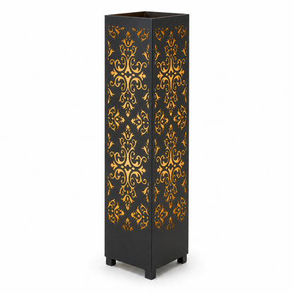 Design 005 black laser cut metal garden light tower with warm LED glow on white background