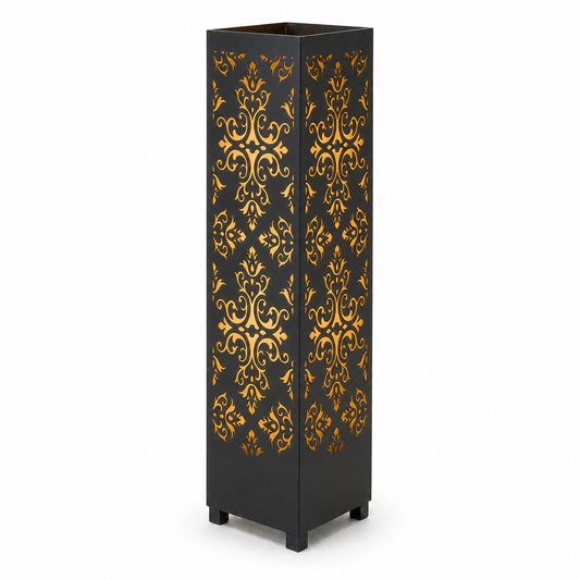 Design 005 black laser cut metal garden light tower with warm LED glow on white background