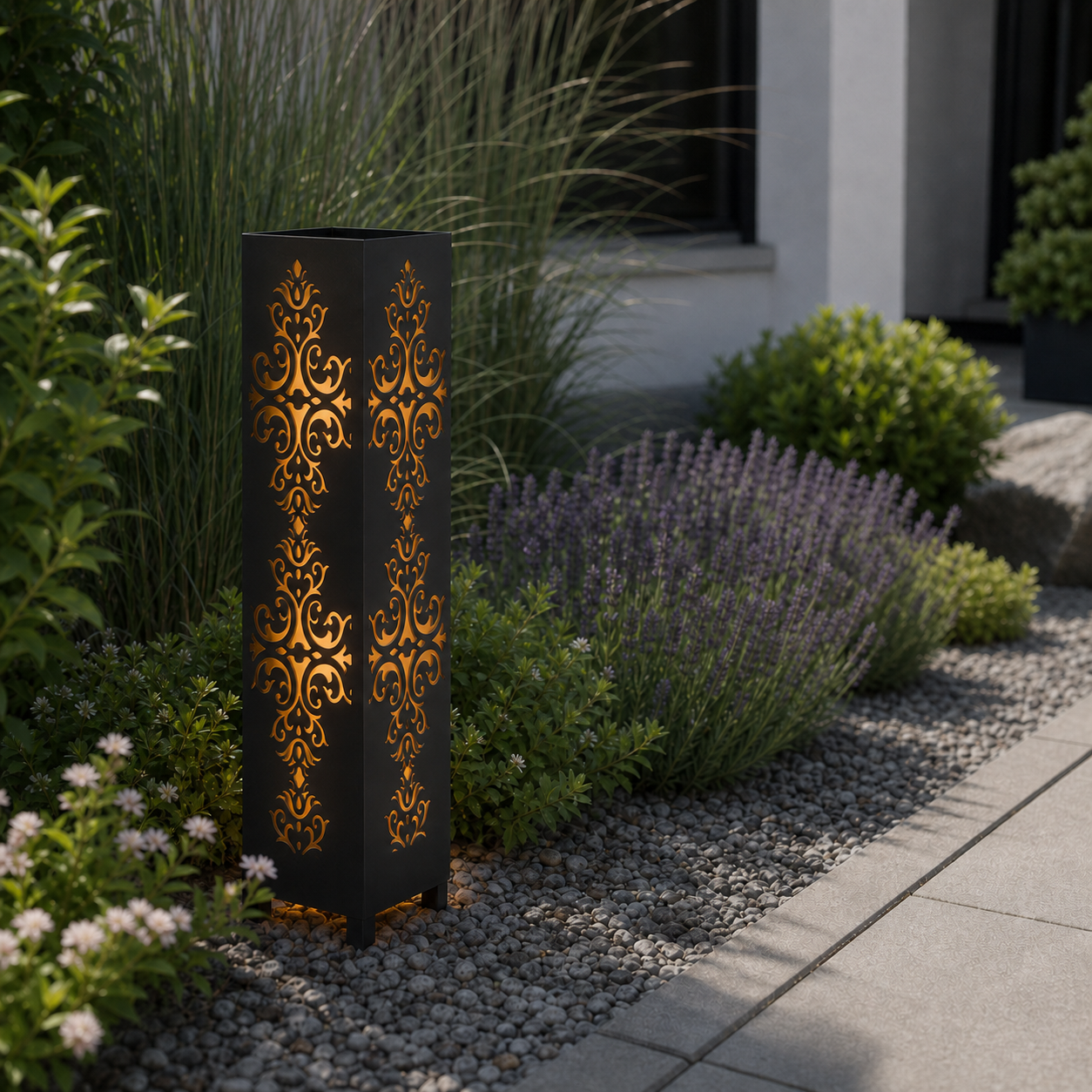 Design 005 laser cut garden light pillar installed in landscaped patio during daytime