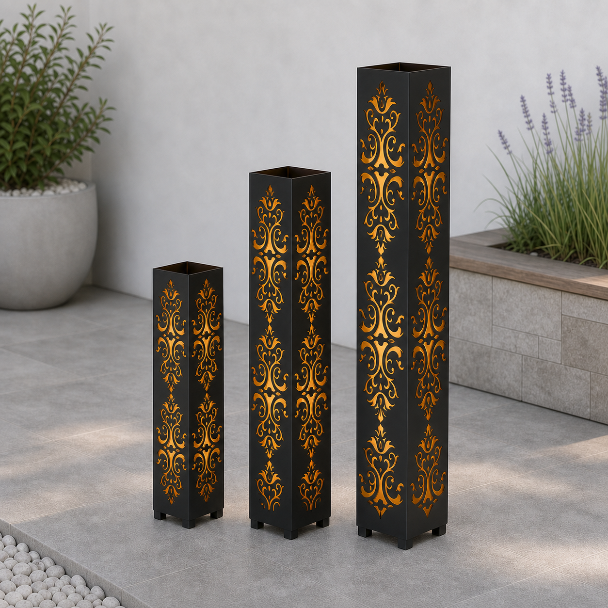 Design 005 laser cut garden light tower three size comparison